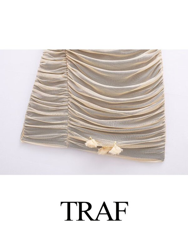 TRAF 여성용 캐주얼 플로럴 메쉬 미니 드레스, 트렌디한 오프숄더 민소매 슬림 슬링, 우아한 백리스 원피스, 2024 여름