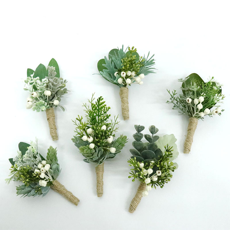 สีเขียวประดิษฐ์ดอกไม้ Boutonniere เข็มกลัดแต่งงาน Corsage ข้อมืองานแต่งงานสำหรับเพื่อนเจ้าสาวอุปกรณ์เสริม Boutonniere Mariage Homme