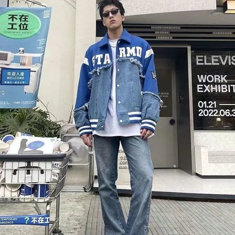 Retro Harajuku Patchwork Y2k Baseball Jean Jacket Casual Loose Couple Coat Hip Hop High Street Denim Jacket Women Streetwear