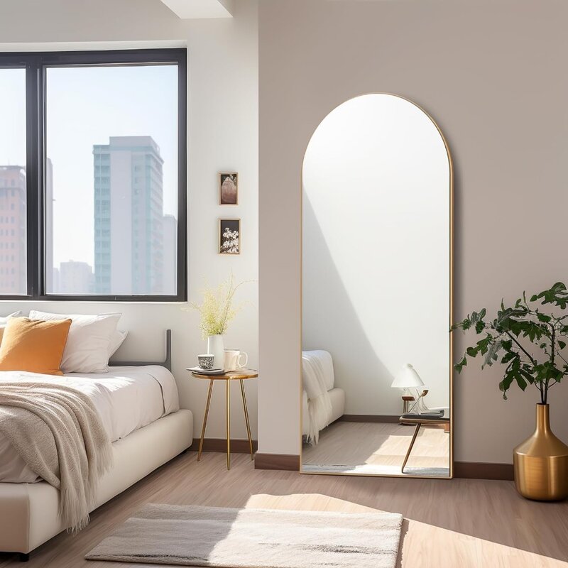 Espejo de Pie Grande para dormitorio y sala de estar, espejo arqueado elegante de longitud completa, 64 "x 21", dorado, envío gratis