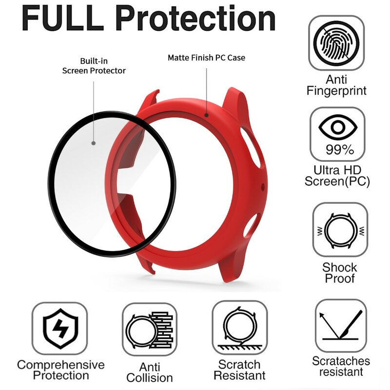 Estuche para Samsung Galaxy Watch Active 2 44 mm 40 mm Estuche de parachoques de cobertura completa con protector de pantalla de vidrio templado