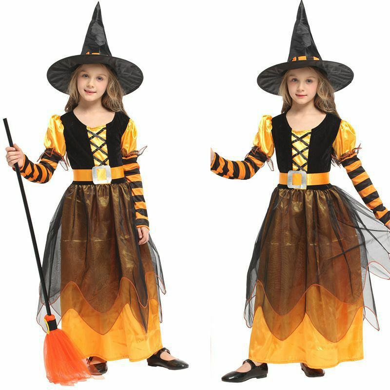 Halloweenowa dziecięca czarownica kostium księżniczki z kapeluszem do makijażu piłka kostium czarownicy impreza z okazji Halloween sukienka Cosplay czarownicy