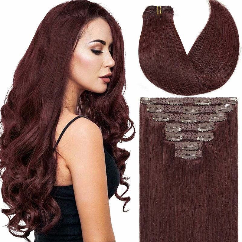 Straight Clip In Hair Extensions Human Hair Clip ins Wine Red Color 99J# Extensions Double Weft Seamless 100% Remy Human Hair