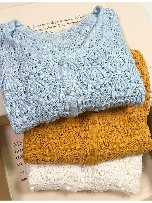 Kardigany z dzianiny damska 2024 wydrążona dekolt w szpic jednorzędowa luźna swetry na długi rękaw na co dzień