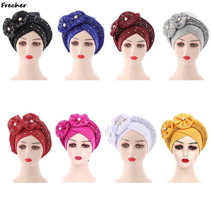 African Crystal Turban Cap Muslim Hijabs Beanie Cover Flower Bowknot Bonnet Headscarf Hat Fashion Hair Cover Flower Decor Hats