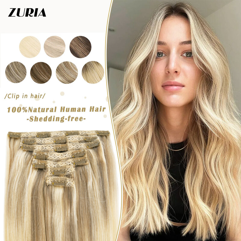 ZURIA Lace Clip In Human Hair Extensions 8/16/20/24"100% Real Long Full Head Hairpins Straight Machine Remy Wigs For Women