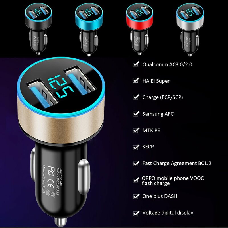 Digitale Autolader Dual Usb Adapter Sigarettenaansteker Led Voltmeter Draagbare Snelladende 12V Uitgangspoort Met Led Autolader