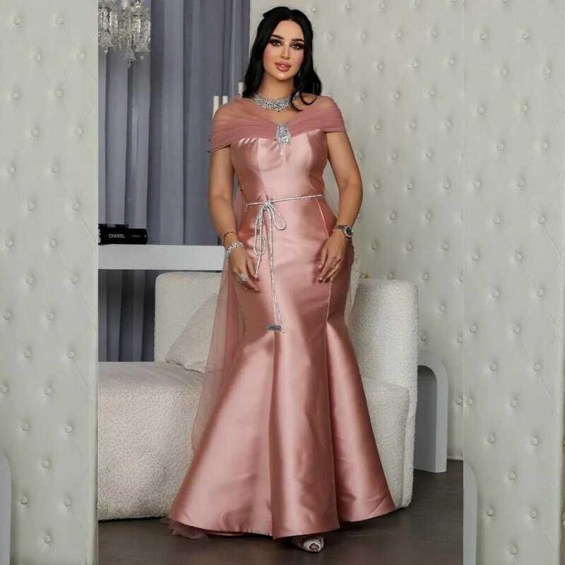Gaun Prom Arab Saudi selempang Satin rhinone pesta putri duyung Poretrait Bespoke gaun acara gaun Midi