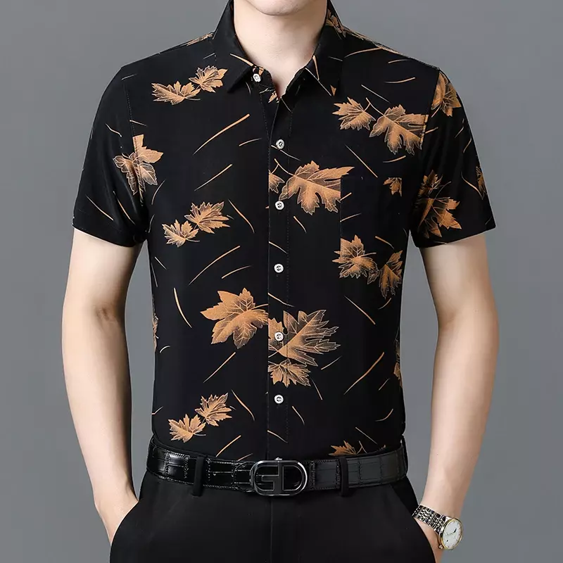 Summer New Ice Silk Short Sleeved Shirt Without Iron Casual Printed Shirt for Men's New Style