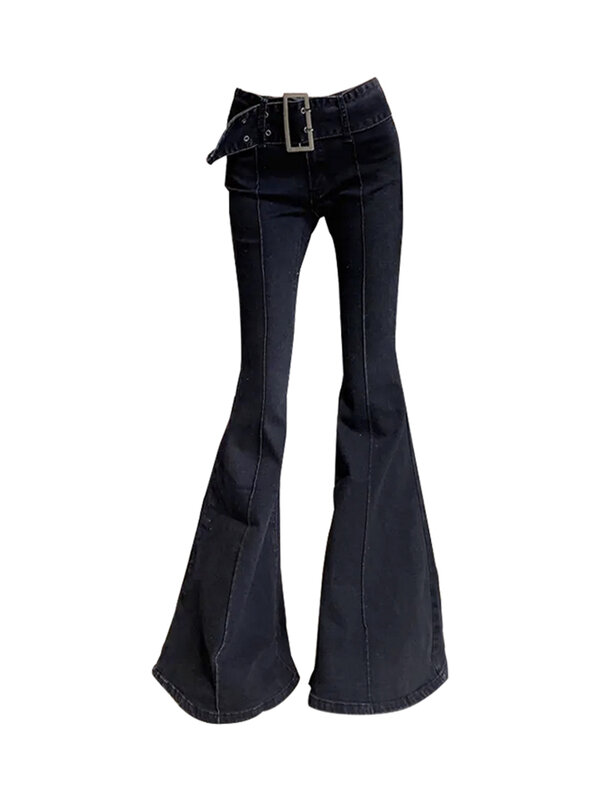กางเกงขาบานสำหรับอเมริกาแบบย้อนยุคกางเกงยีนส์เอวต่ำ E-Girl บางแบนเดจกางเกงแฟชั่นสำหรับผู้หญิงผ้าฝ้ายสีดำกางเกงยีนส์ Y2K ไฮสตรีท