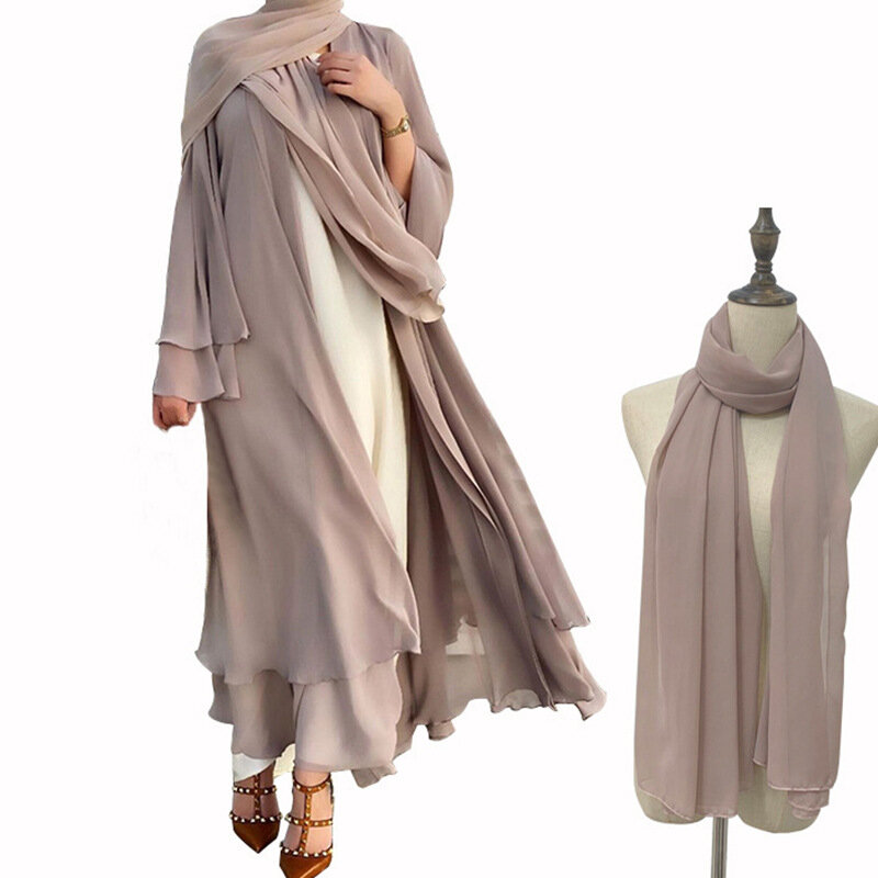 Muslim Abaya Dress Two Pieces Set Islamic Prayer Robe Open Front Flowy Maxi Cardigan Dress Middle East Prayer Dress with Hijab
