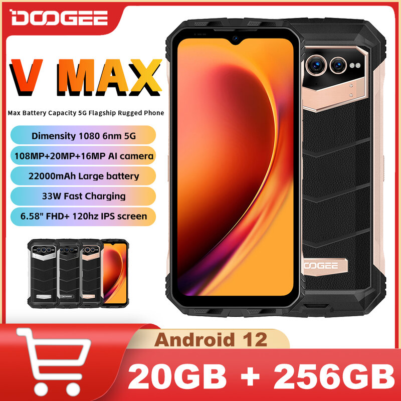 DOOGEE V Max 5G wytrzymały telefon 12 GB + 256 GB 6,58 "FHD + wyświetlacz 22000 mAh 33 W 108 MP wymiar aparatu 1080 NFC smartfon Android