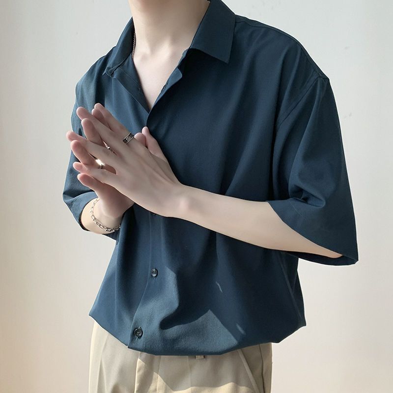 Рубашка мужская с коротким рукавом, шелковая тонкая драпированная блуза без глажки, Повседневная Свободная однотонная с лацканами, на пуговицах, В гавайском стиле, лето