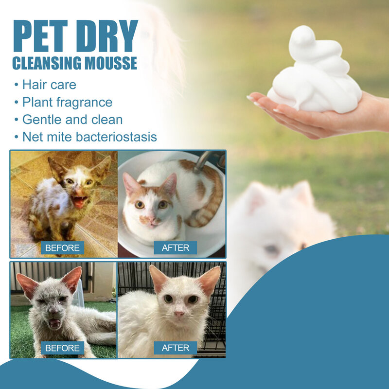 Champú seco sin enjuague para gatos, Mousse de limpieza para perros y gatos, sin baño, limpieza, eliminación de olores para un olor fresco