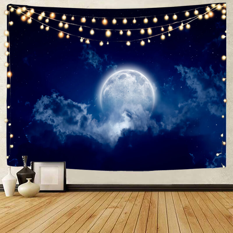 Beautiful Moon, Starry Sky Scenery, Moon, White Clouds, Starry Sky, Night Scenery, Moonlight Scenery, Decorative tapestry