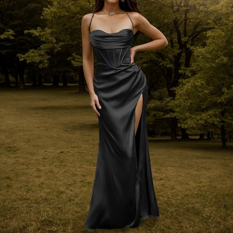 Vestido maxi monocromático feminino, alça de espaguete, espartilho, fenda lateral, fino, festa, vestidos de baile, elegante, 2022