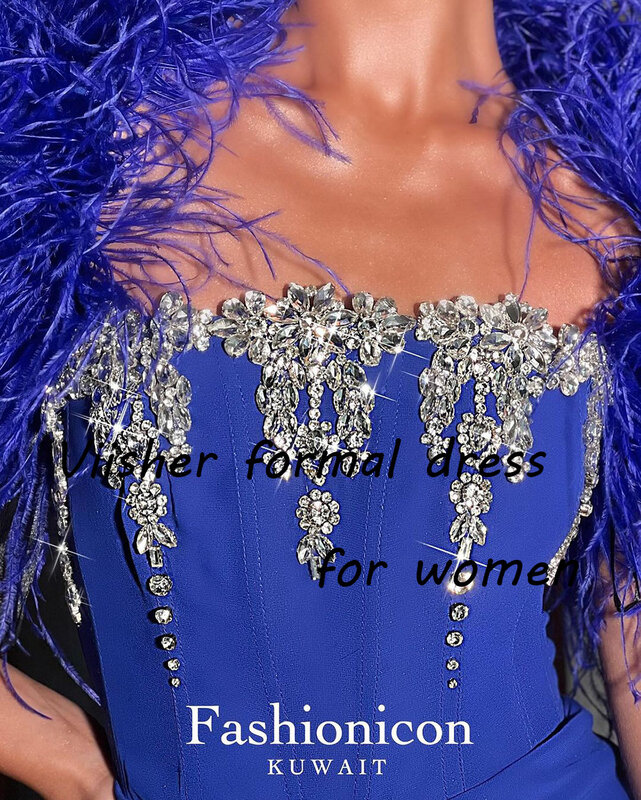 Robes de Rhformelles sirène bleues pour femmes, manches en plumes, robe de soirée sans bretelles perlée, longueur de rinçage, événement de Rh, quelque soit