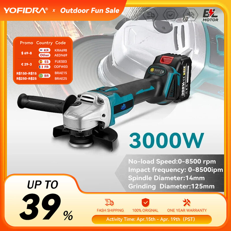 Yofidra 125mm Brushless Angle Grinder 4 Gears Cordless Grinding Machine Cutting Woodworking Power Tool For Makita 18V Battery