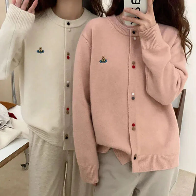 fashion embroidery knitwear Cardigan Female clothing autumn o neck outwear women's sweater jacket long sleeve soft knit tops