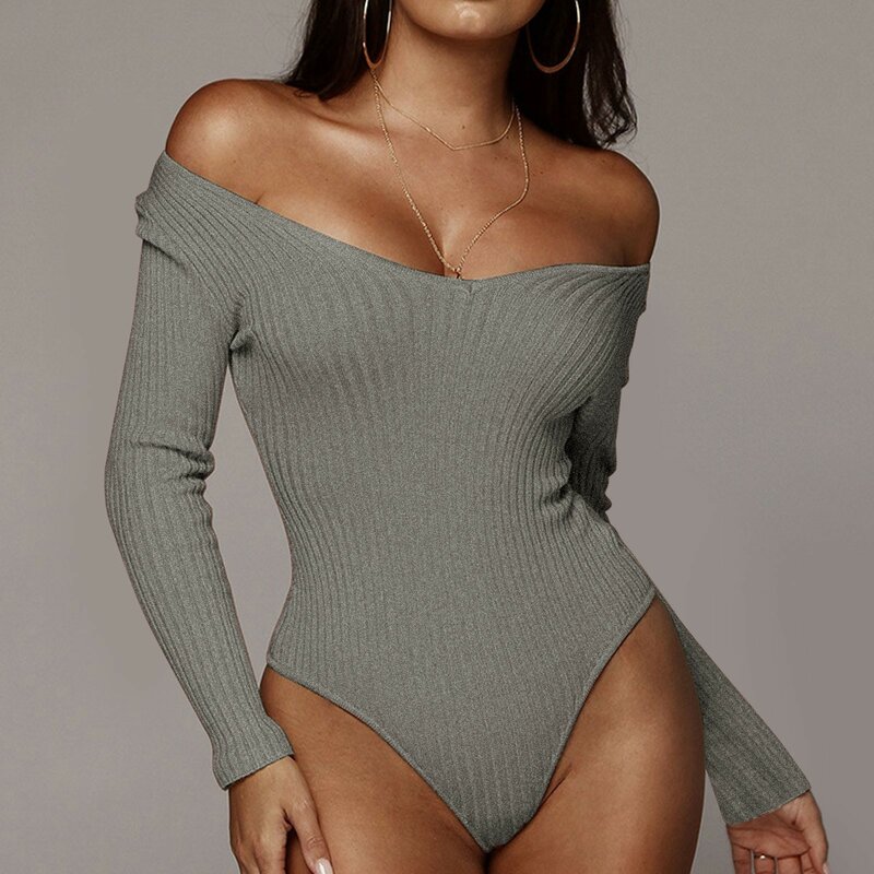 Off Shoulder Sexy Bodysuit Women Ribbed Long Sleeve Bodycon Vintage Mall Goth Solid Black Stylish Body Top Tide Elegant Clothes