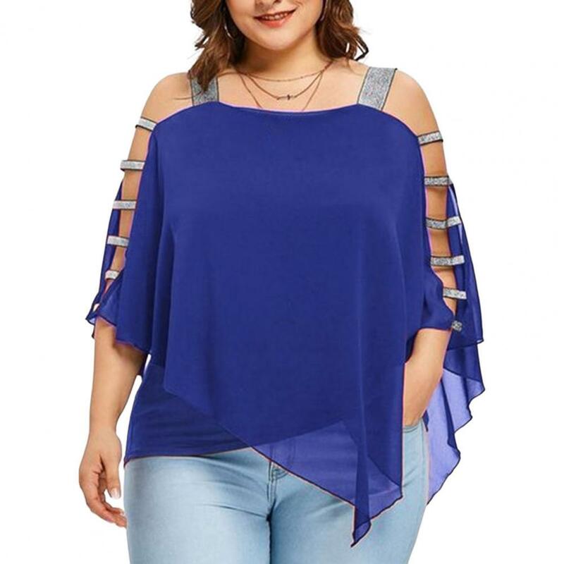 Plus Size Women T-Shirts Solid Color Hollow Out Boat Neck Batwing Sleeves Casual Top Plus Size T-Shirts