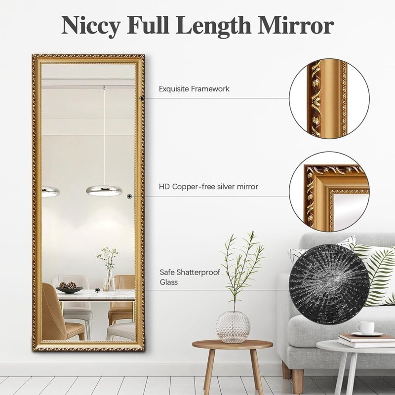 Full Length Mirror with Stand, 65"×22" Solid Wood Floor Mirror, Vintage Full Body Mirror with Holder, Leaning Against Wall ，Gold