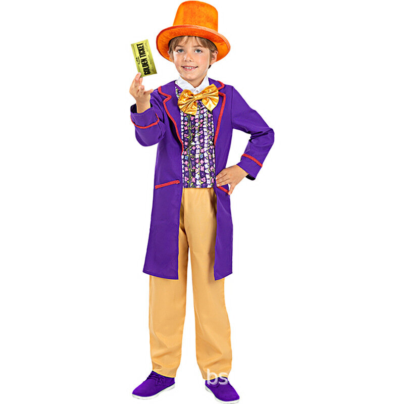 Willy charlie cosplay traje para crianças, role play traje, uniforme, fábrica de chocolate, para o dia das bruxas, mascarado, terno completo, novo
