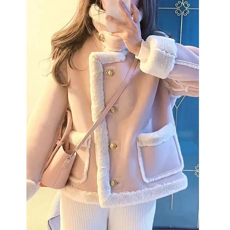 Casaco de pele sintética quente feminino, casaco de lã de cordeiro coreano, pele de carneiro espessa, casacos de pele única, jaqueta feminina, nova moda, inverno, 2023