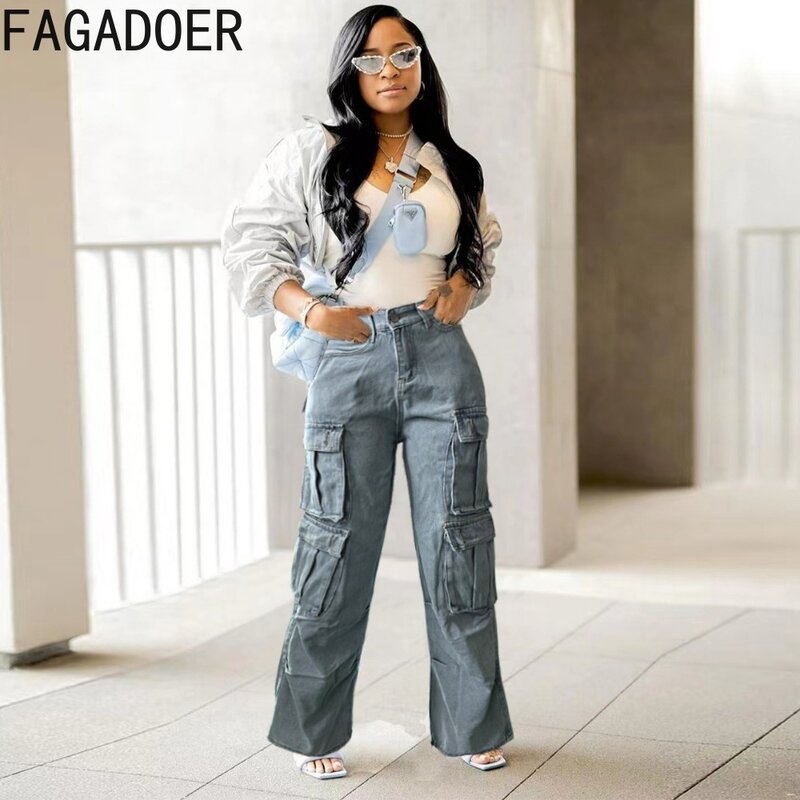 Modne kieszeń dżinsowa Cargo z szerokimi nogawkami FAGADOER spodnie damskie z wysokim stanem proste spodnie dżinsowe damskie kowbojskie spodnie 2024