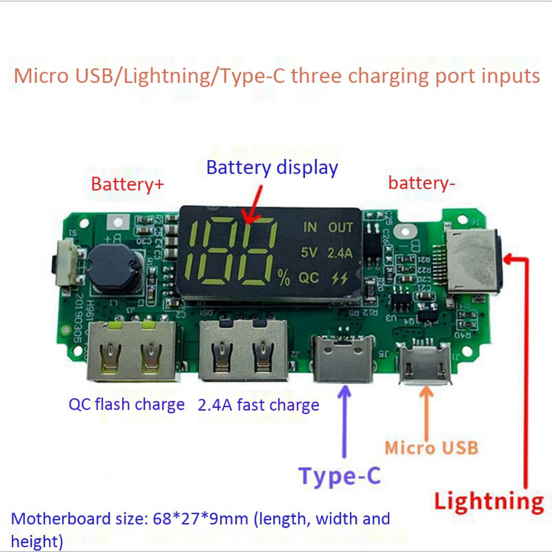 LED Dual USB 5V 2.4A Micro/Type-C USB Mobile Power Bank 18650 Charging Module Lithium Battery Charger Board 6Pcs