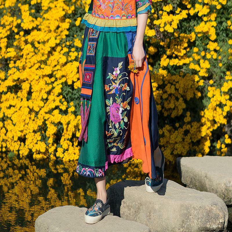 Rok Vintage Wanita 2023 Rok Tambal Sulam Bunga Nasional Rok Hanfu Etnis Setelan Tari Rakyat Rok Retro Oriental