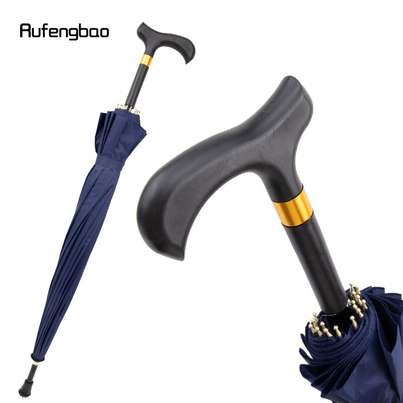 Blue Automatic Windproof Cane Umbrella, Long Handle Enlarged Umbrella for Both Sunny and Rainy Days Walking Stick Crosier 86cm
