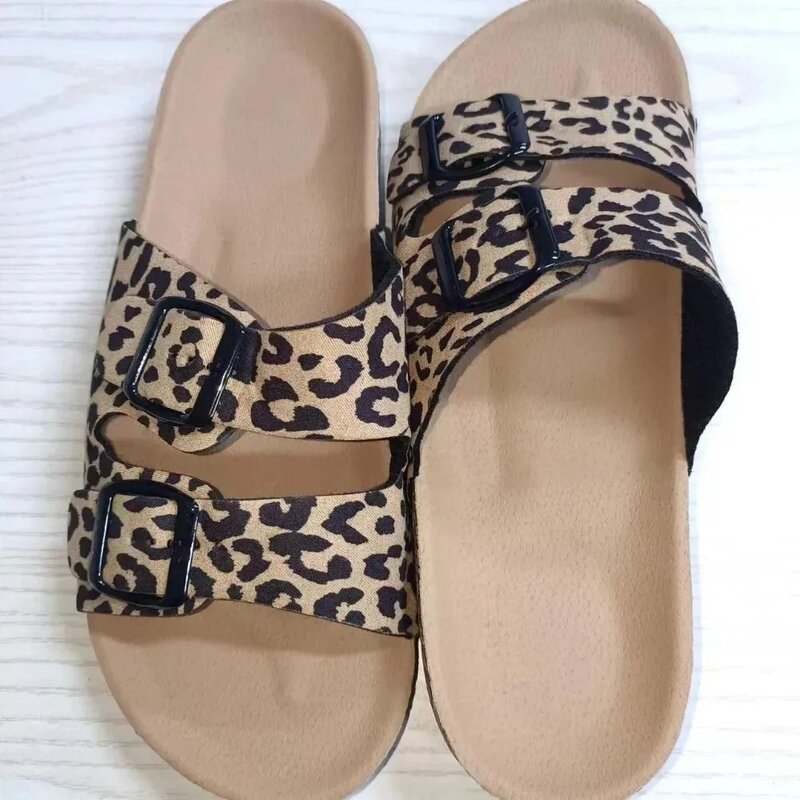 Women's Leopard Print Slippers New Cork Slippers Women's Summer Outdoor Non-slip Flat Bottom Beach Sandals Woman Flat Slippers