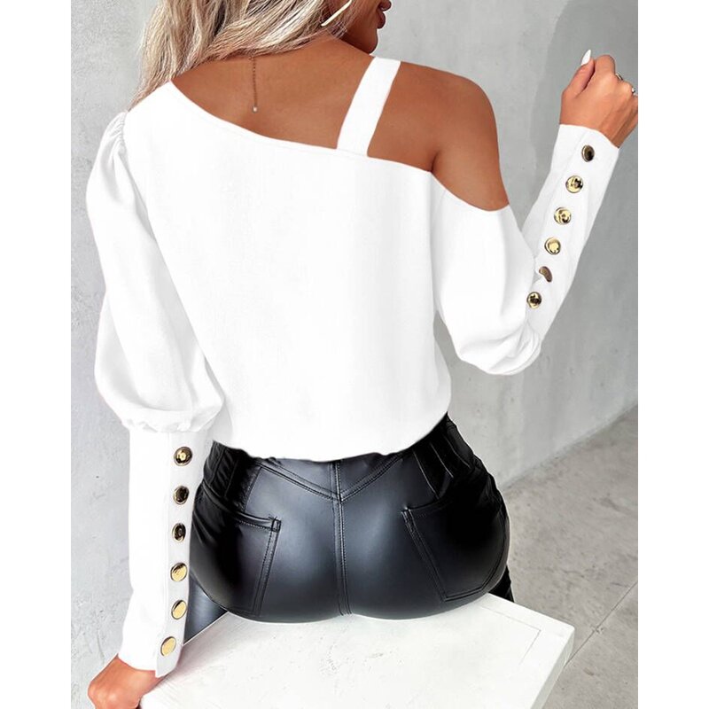 Women Heart Print Elegant White Blouse Cold Shoulder Chain Decor Top Buttoned Design Gigot Sleeve Casual Shirts Fashion 2024