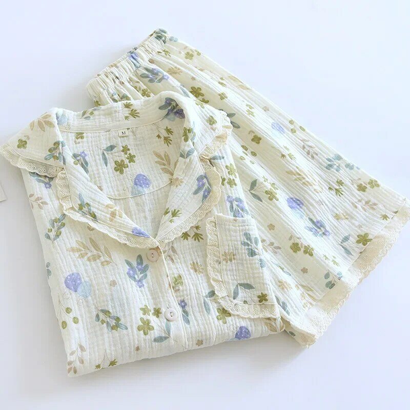 Pijama de dos piezas con estampado Floral para mujer, ropa de dormir de manga corta, de algodón, con solapa fina, para verano
