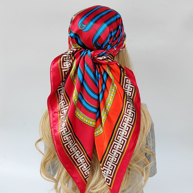 Женские роскошные пляжные шарфы, новинка 2023, летняя модель, популярная модель 90x90 см, Шелковый Хиджаб, модный дизайн квадратных шалей