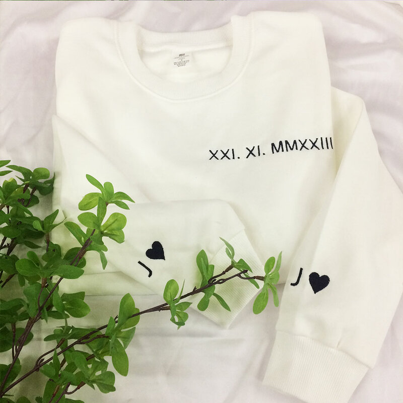 Custom Embroidered Sweatshirt with Roman Numerals Date and Sleeve Embroidery Engagement Gifts Husband Couples Sweatshirts Custom