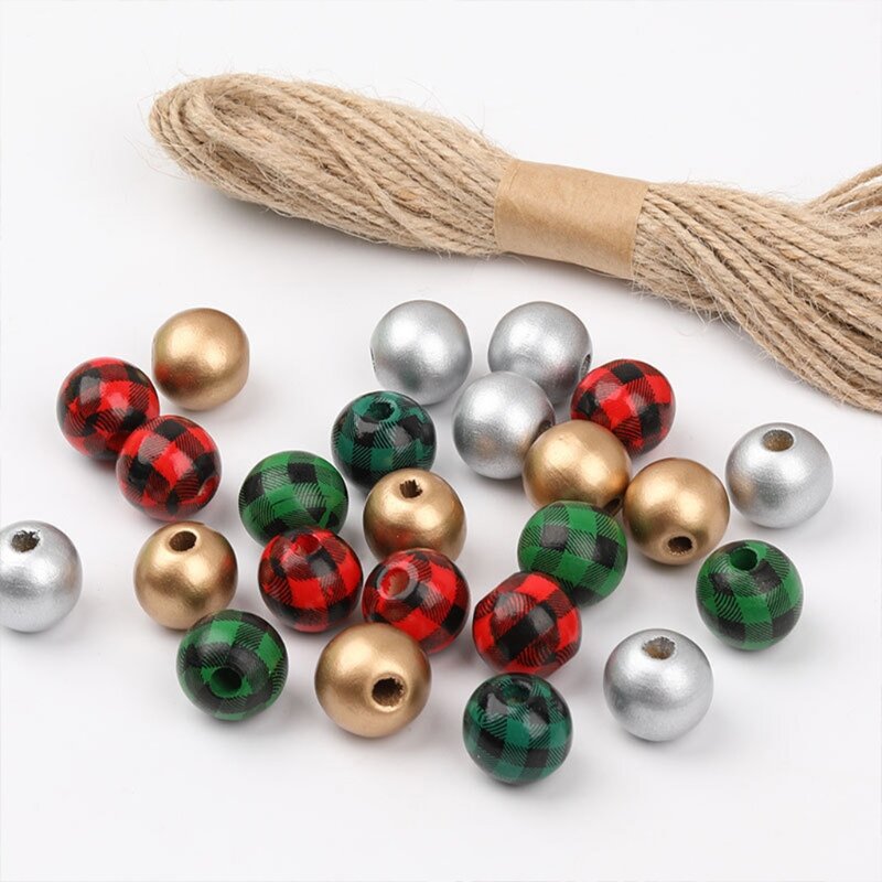 2XPC Wooden Beads For Crafts With Holes Wooden Beads Christmas Ornaments Check Beads For Jewelry Making Red Wooden Beads