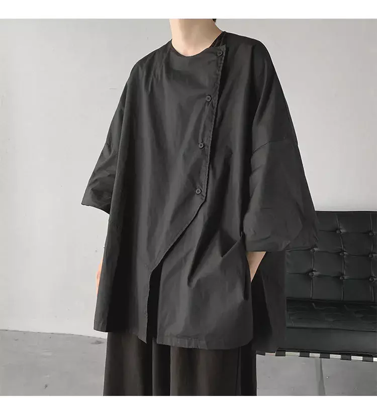 2024 New Vintage Asymmetrical Loose Casual Tops Shirts  Summer Men Design Sense Irregular Blouses Gothic Academic