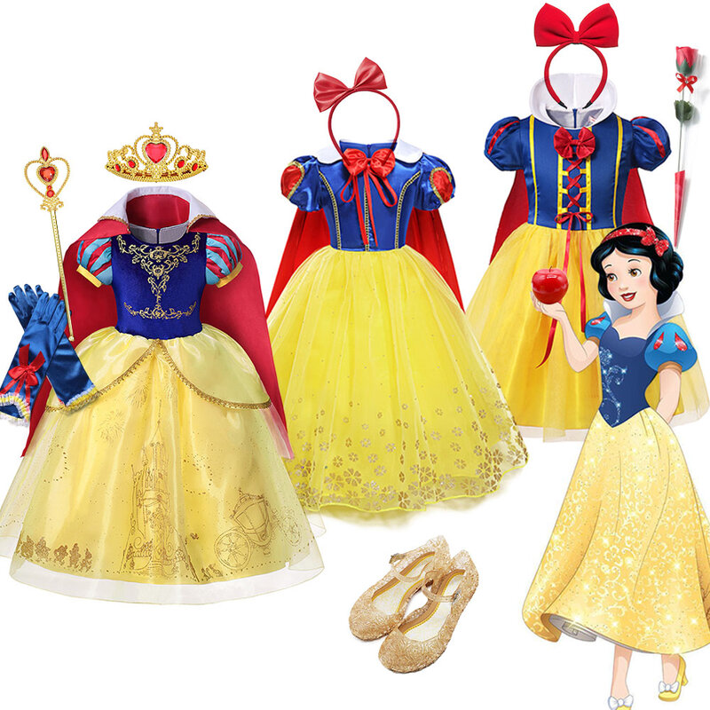 Disney disfraz de princesa Blancanieves para niña, manga abullonada con capa, vestido de Halloween para fiesta, vestidos de cumpleaños para niña de 2 a 8 años
