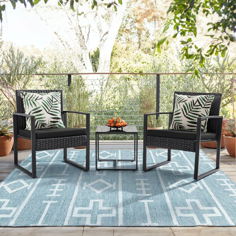 3 Pieces Patio Set Outdoor Wicker Furniture Sets Modern Rattan Chair Conversation Sets w/ Coffee Table for Yard and Bistro