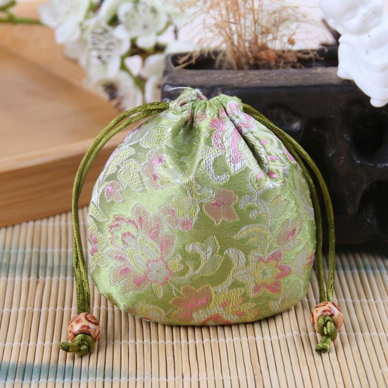 Chinese Style Embroidery Flower Drawstring Bag Beaded Floral Festive Sugar Bag Large Capacity Jewelry Packing Bag