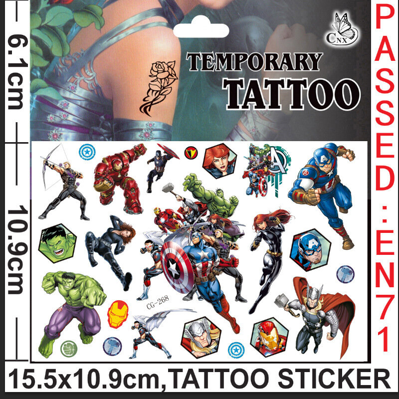 Tatuagem Temporária dos Vingadores Cartoon, Tatuagens Aleatórias Adesivos, Super Herói Adesivos, Braço, Rosto, Brilhante, Arte Corporal, Presente Infantil, Crianças, 2pcs