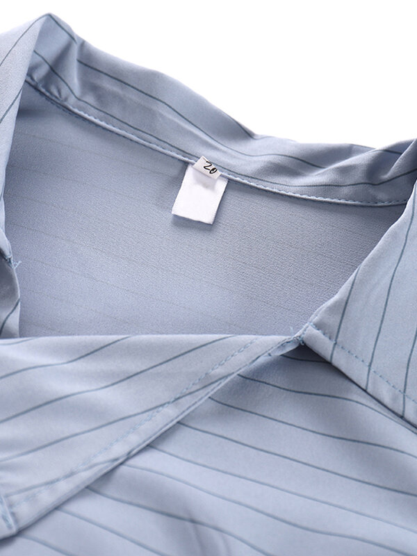 قميص مخطط LANMREM أزرق للنساء ، طية صدر السترة ، الرباط ، أكمام طويلة ، فضفاضة ، أنيقة ، قمة الإناث ، CP2775 ، الصيف والخريف ،
