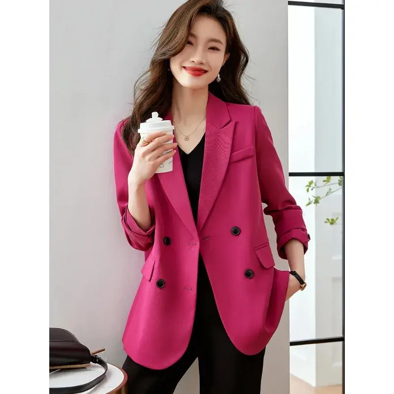 Blazer de manga comprida de peito duplo feminino, rosa, preto, café, casaco casual, jaqueta feminina solta, moda feminina, outono, inverno