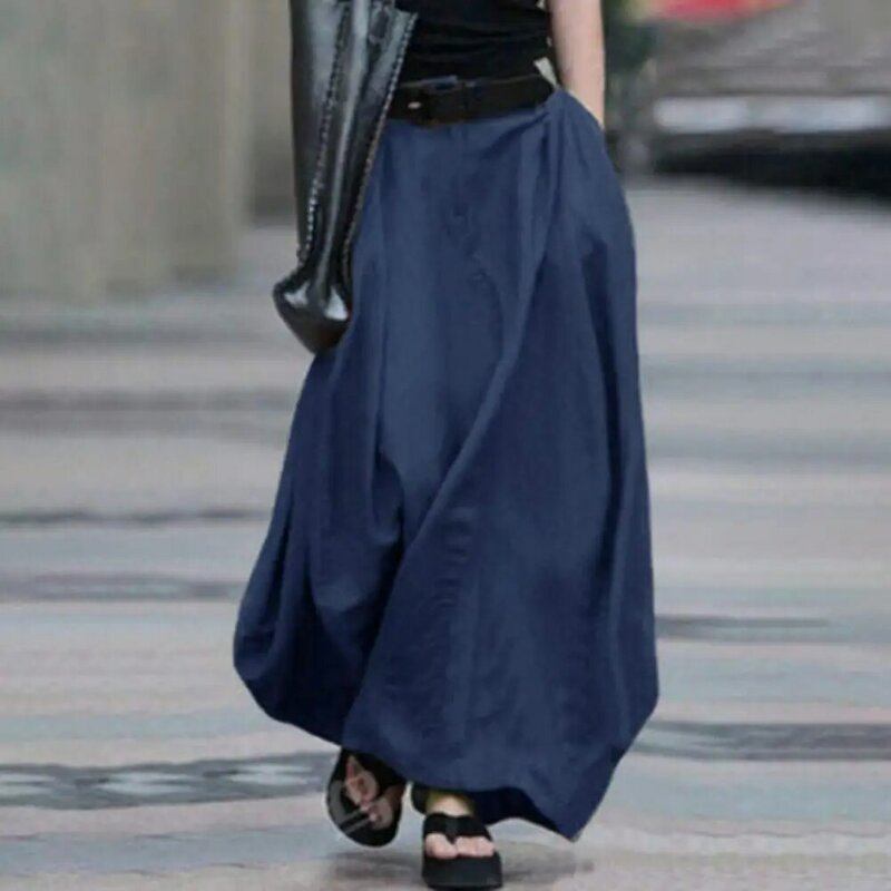 Versatile Solid Color Skirt Elegant Women's Maxi Skirt with Elastic Waist A-line Design Solid Color Large Swing for Streetwear