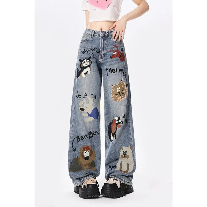 Pantalones vaqueros con estampado de perro de Graffiti para mujer, diseño de primavera y otoño, sentido de nicho, cintura alta, ajuste suelto, tubo recto informal