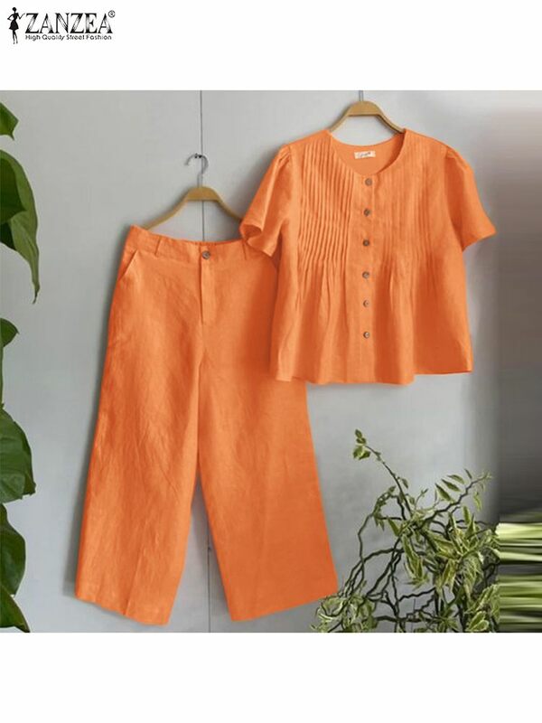 ZANZEA-Blusa e calças plissadas de manga curta feminina, conjuntos combinando, monocromático, calça de trabalho elegante, roupas elegantes, verão
