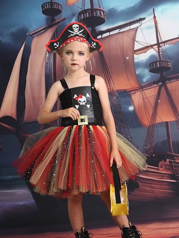 Kinder Halloween Cosplay Kleidung Kinder Piraten spielen Kostüm Mädchen Party Tutu Kleid Make-up Ball Schädel Mädchen Kleid Set
