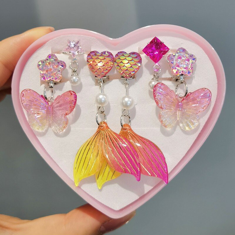 3pair Cute Children Ear Clip Earrings for Girl Without Ear Holes Sweet Mermaid Baby Ear Clip Set